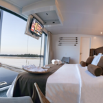 Interior lounge of a partner mothership used on Kraken’s guided amazon fishing trips for peacock bass in Brazil.